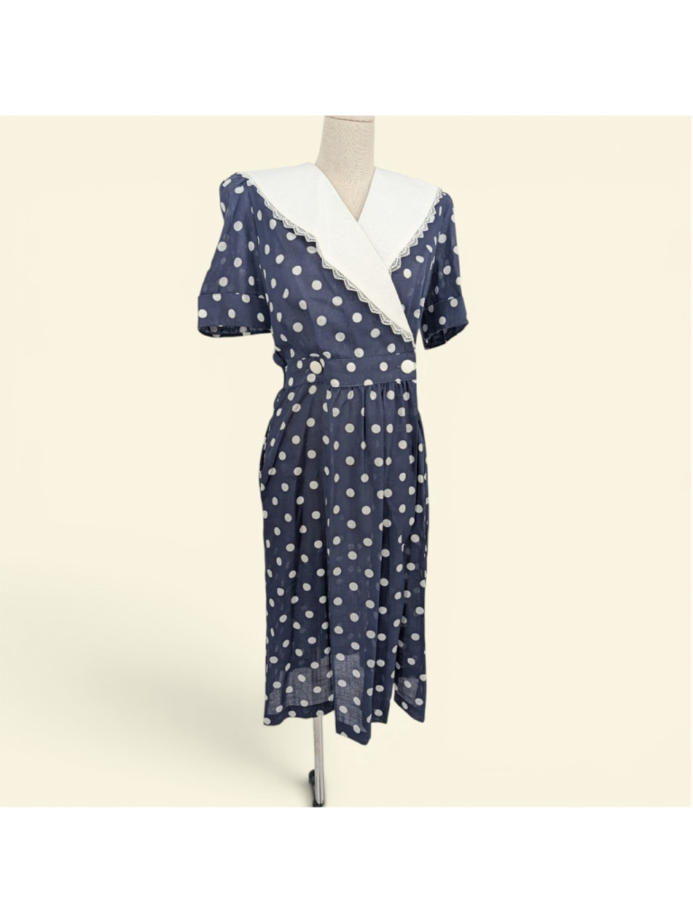 Vintage 80s Stuart Alan Petites Polka Dot Sailor Collar Midi Dress 10 USA Pin Up